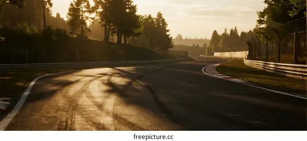 Sunlit racing track with trees and curves in the morning