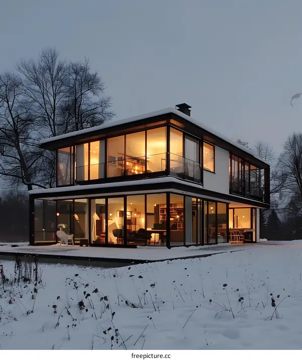 Modern Glass House with Snow Covered Ground