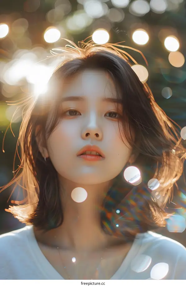 Close Up Portrait of Asian Woman with Light Bokeh