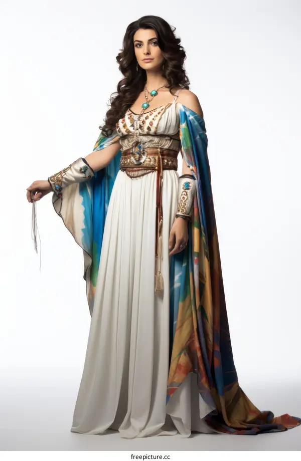 A woman in a white dress with a colorful sash and cape