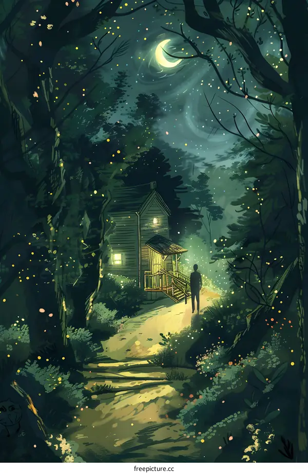 Night in the Woods with a Man Standing Near the Cabin
