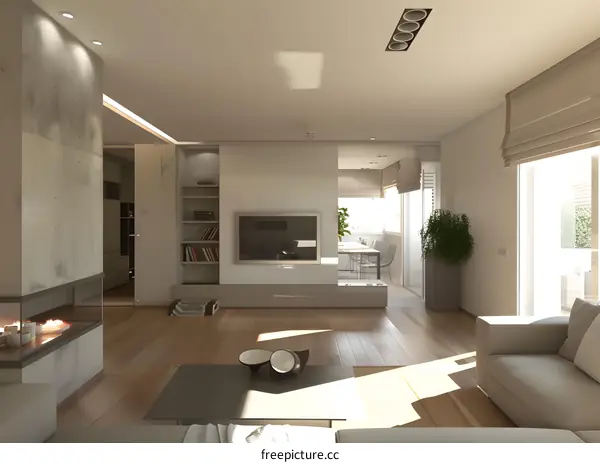 Modern Minimalist Living Room Interior Design with Fireplace and Balcony