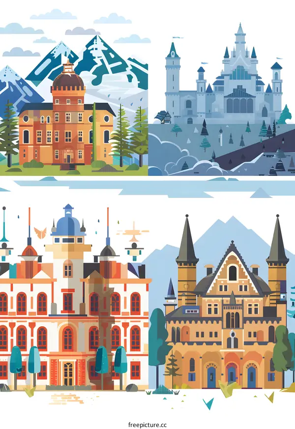 Four European Castles Illustration with Flat Design
