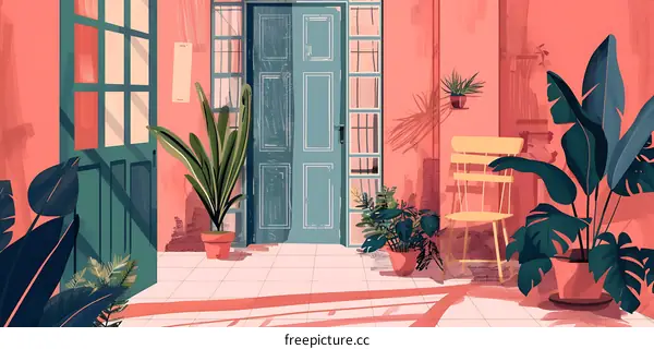 Illustration of Green Door with Plants