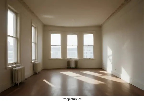An empty room with large windows and wooden floor