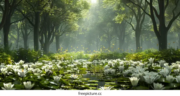 Mystical Forest Glade with a Pond Full of White Water Lilies