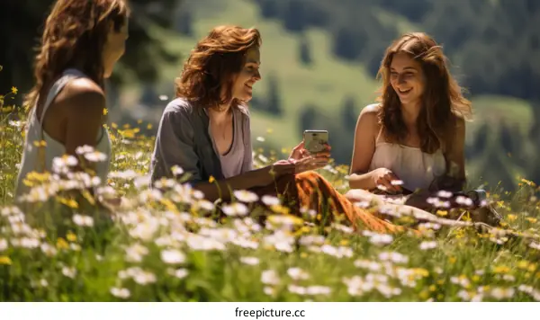 Laughing Friends Enjoying a Summer Day in a Flower Field