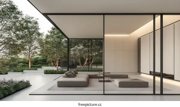 Modern Minimalist Open-Plan Living Area with Garden View