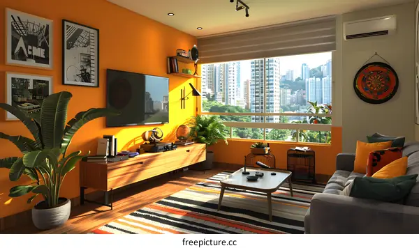 A stylish living room with a large window and a colorful rug