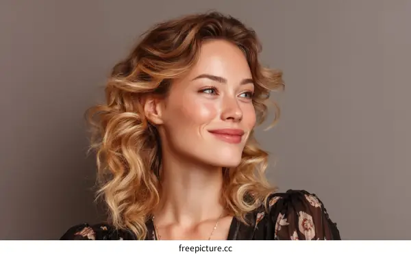 Beautiful Woman with Curly Hair and Perfect Makeup