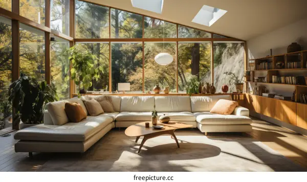 Modern Living Room with Large Windows and Comfortable Sofa
