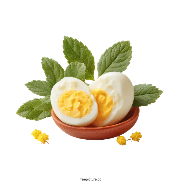 [Transparent Background PNG]Boiled Egg Slices in Terracotta Bowl with Herbs