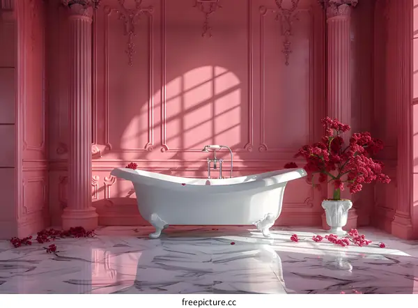 Luxurious Master Bathroom with Pink Marble and Modern Decor