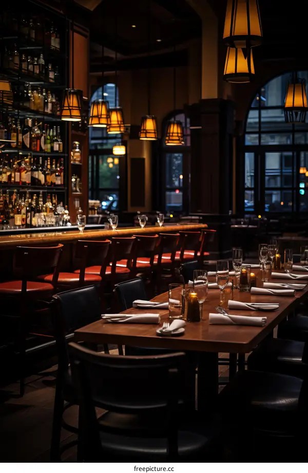 elegant restaurant interior with dim lighting and empty chairs