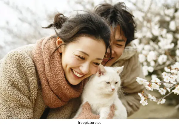 Couple and Cat under Blossoming Trees