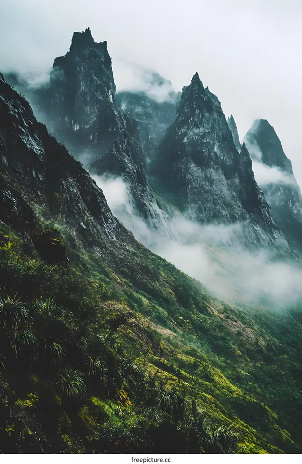 Misty Mountain Landscape with Lush Greenery