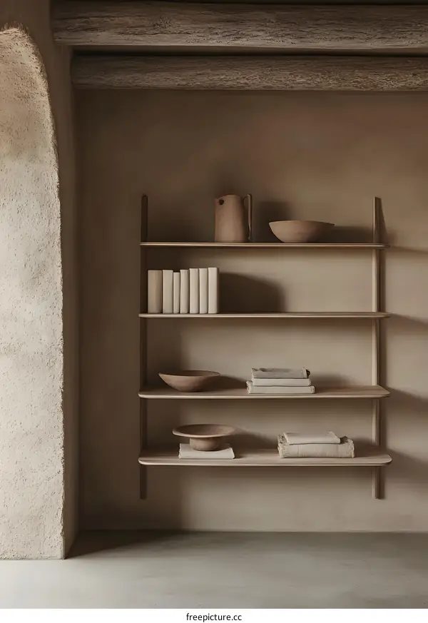 Wooden Shelf With Books, Bowls, And Textiles In A Minimalist Interior
