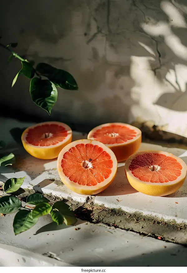 Freshly Cut Grapefruits on White Surface with Greenery