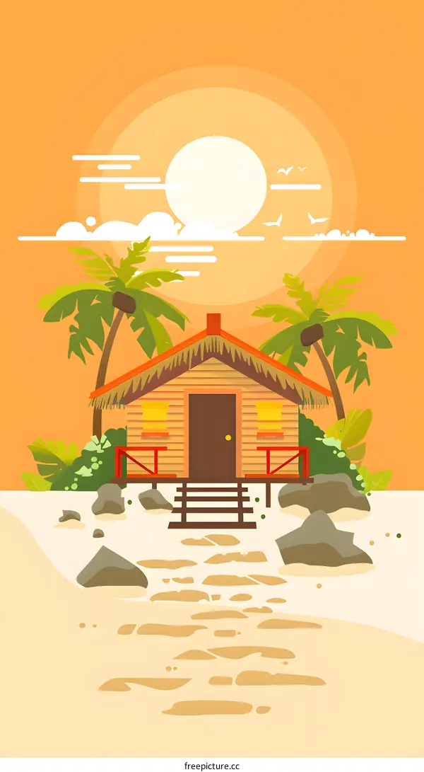 Tropical Beach Hut Illustration with Sunset