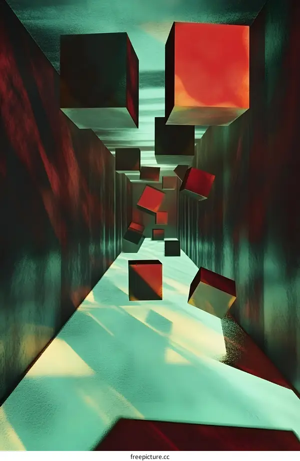 Abstract Geometric 3D Render of Cubes Falling Through a Green and Red Corridor