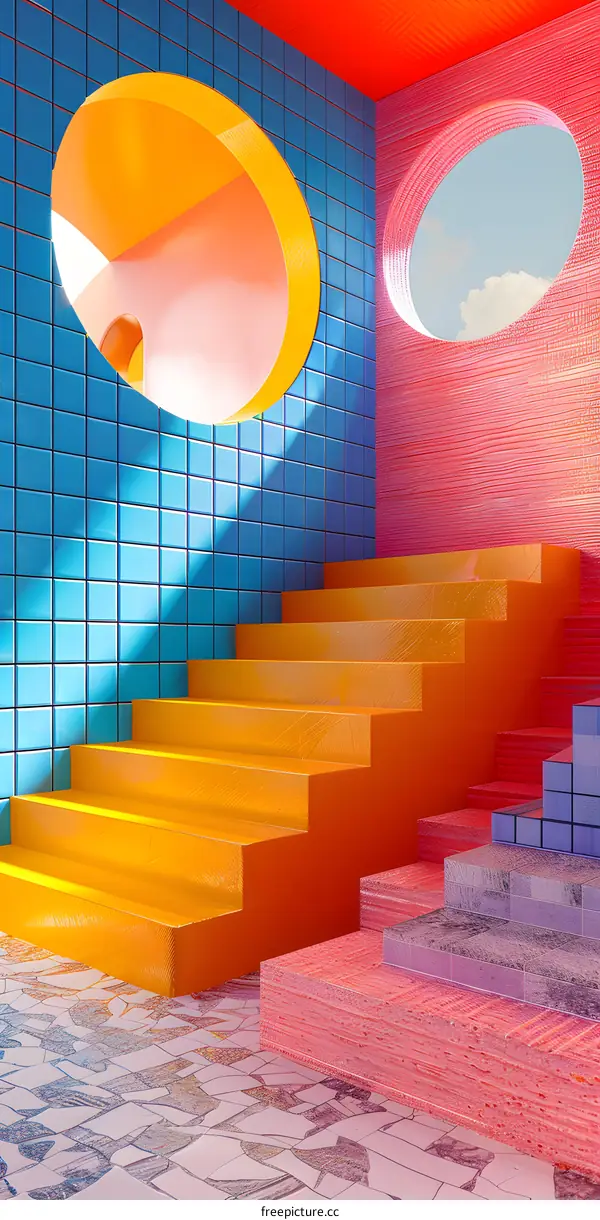 Blue and pink surreal room with stairs