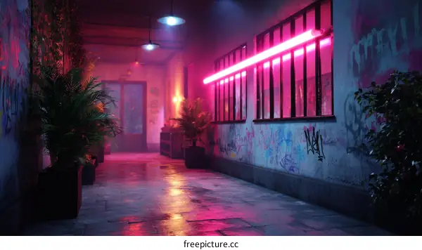 Neon Alleyway in a Graffiti-Covered Building