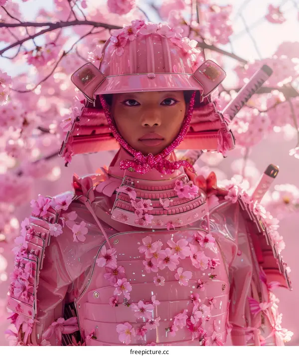 Black woman in pink samurai armor stands in a field of cherry blossoms