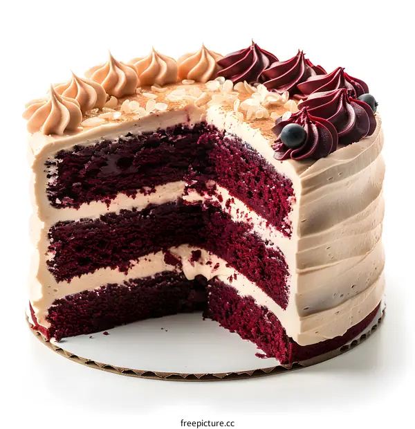 A delicious red velvet cake with cream cheese frosting and blueberries