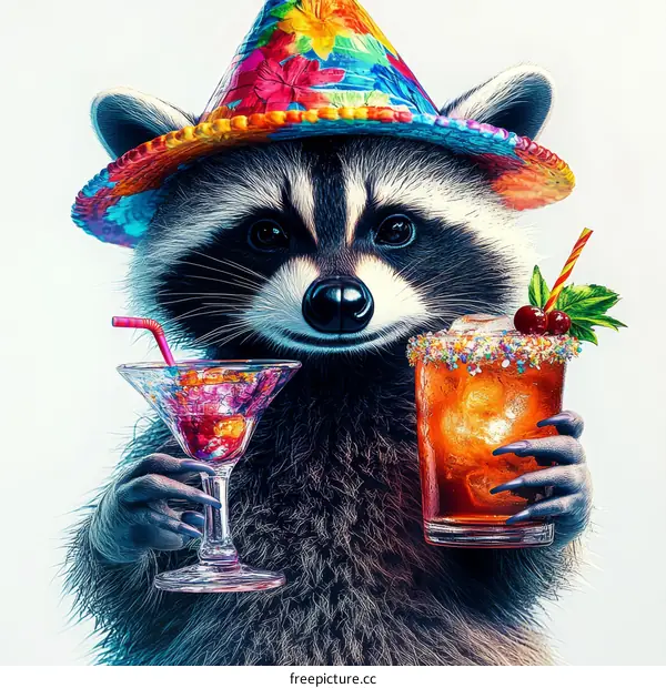 Funny Raccoon in Party Hat with Cocktails