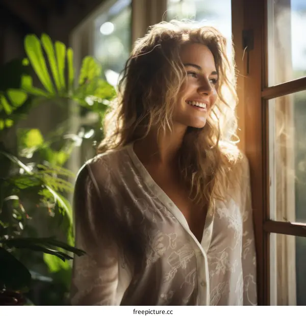 Blond woman in front of the window