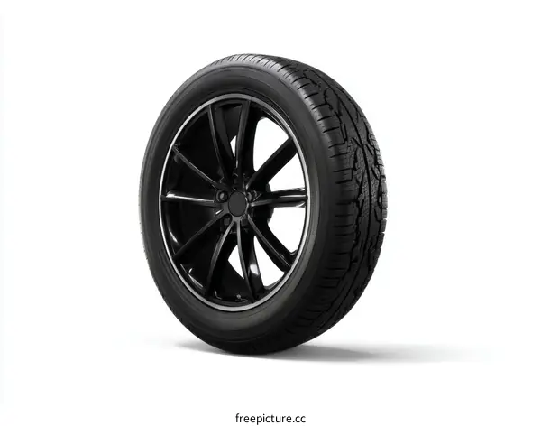 Black Alloy Wheel and Tire Isolated Studio Shot