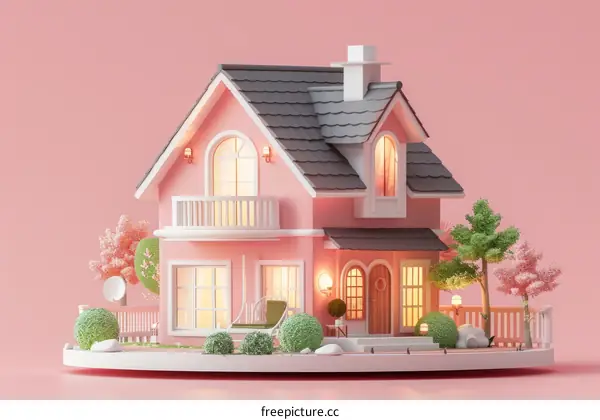A Cute Pink Cottage House with Gray Roof