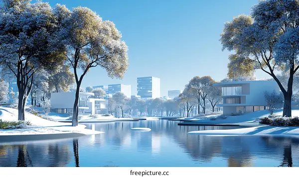 Snowy Winter Modern Houses by the Lake