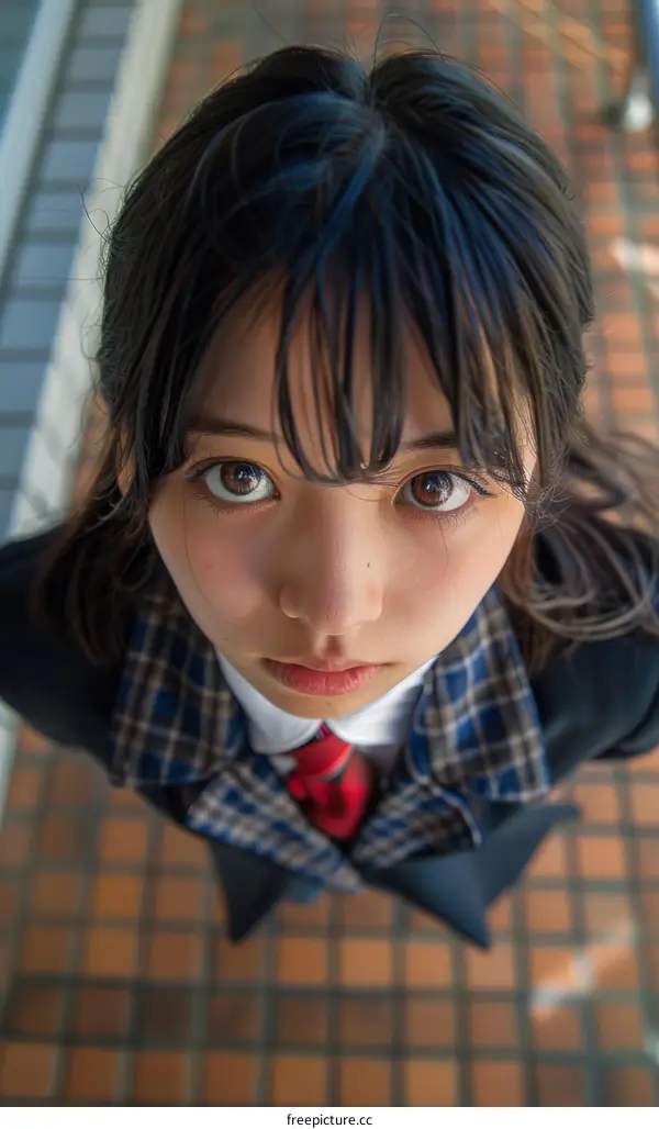 A young woman in a school uniform looking down at the camera