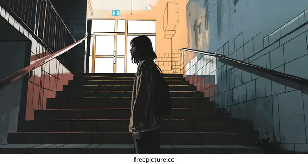 Woman Walking Up Stairs in Building