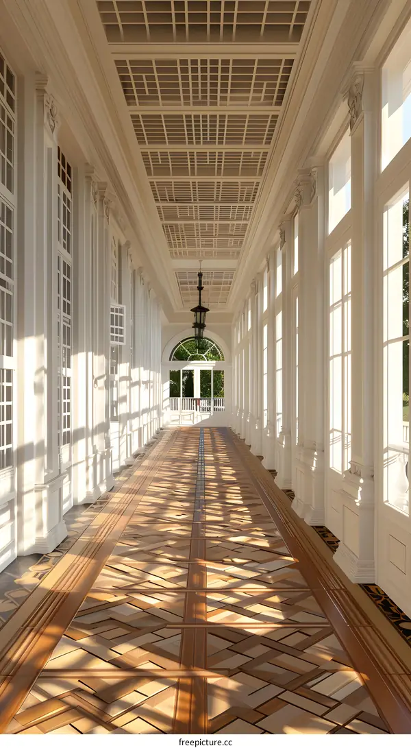 White Corridor With Wood Floor And Sunlight
