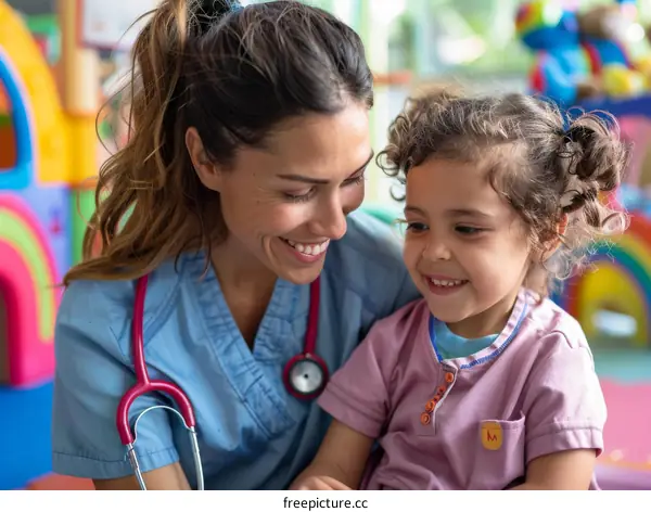 Pediatrician examining a smiling little girl