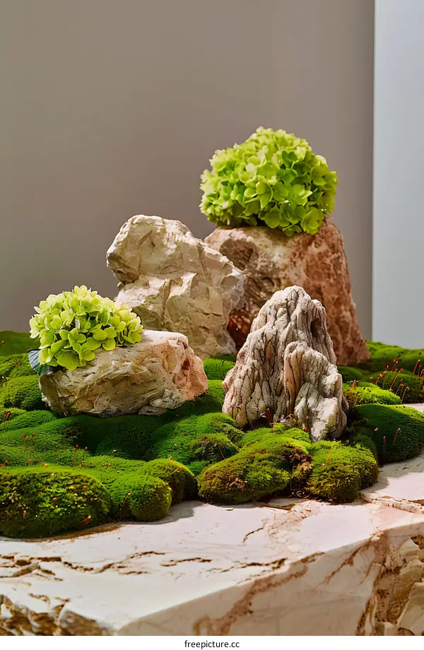 Green Moss And Stones In A Minimalist Arrangement