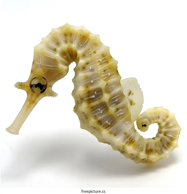 A close-up photo of a tan and white seahorse