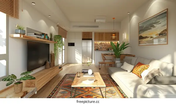 Modern and minimalist living room interior with natural elements