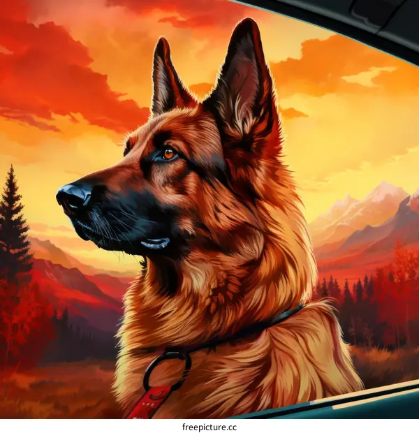 German Shepherd Dog Looking Out Car Window At Sunset