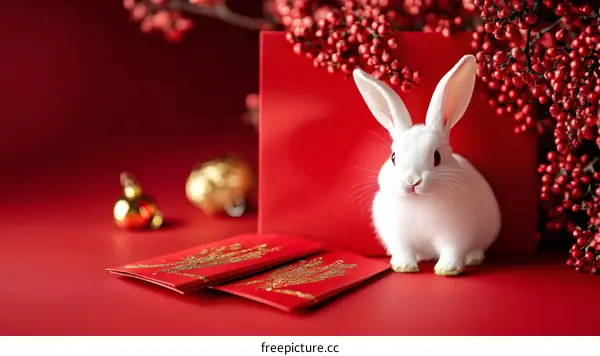 Cute White Rabbit on a Red Background with Red Envelopes