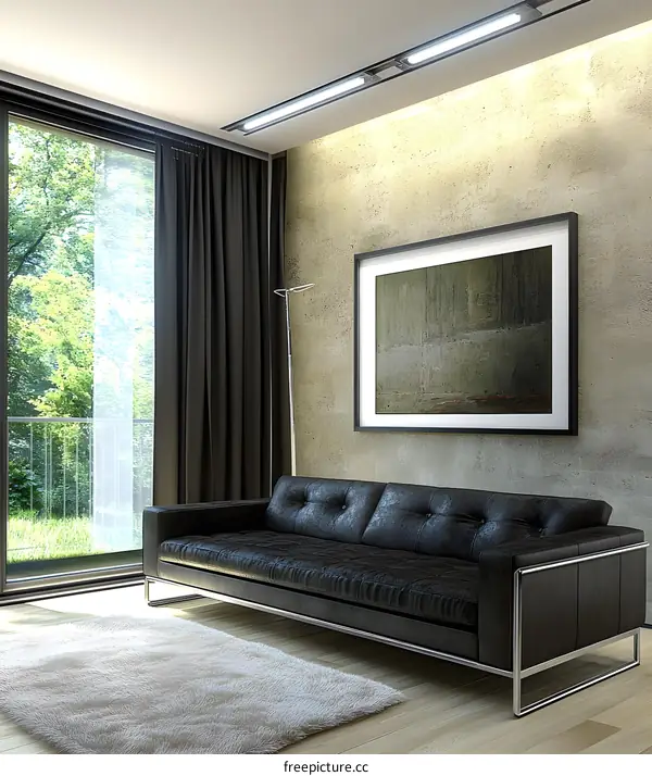 Modern Living Room Interior Design with Black Leather Sofa and Large Window