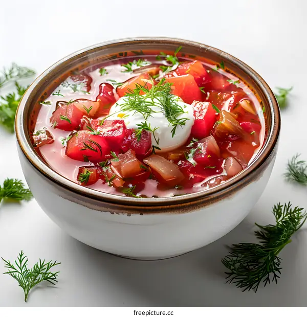 Bowl of delicious beetroot soup with sour cream
