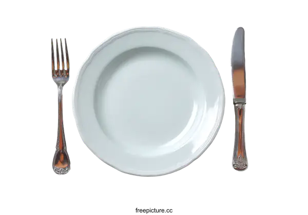 [Transparent Background PNG]Empty Plate with Fork and Knife on White Background