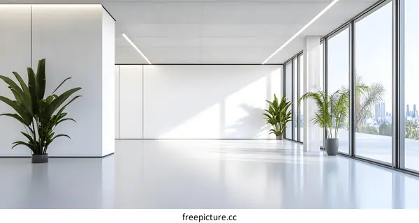 Minimalist White Interior Design with Large Windows and City View