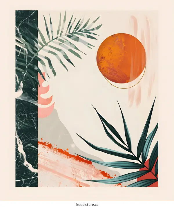 Abstract Tropical Illustration with Palm Leaves and Sun