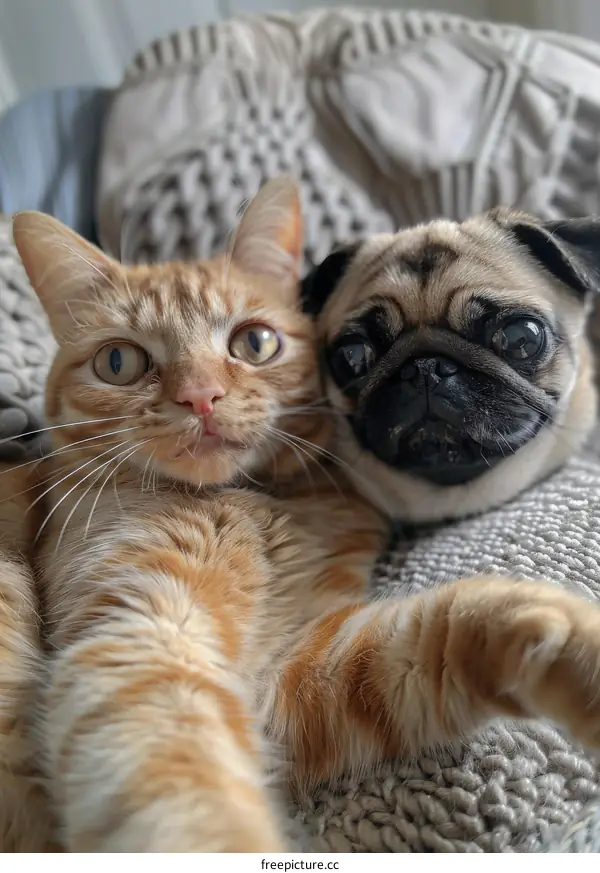 A ginger cat and a pug are lying on a blanket.