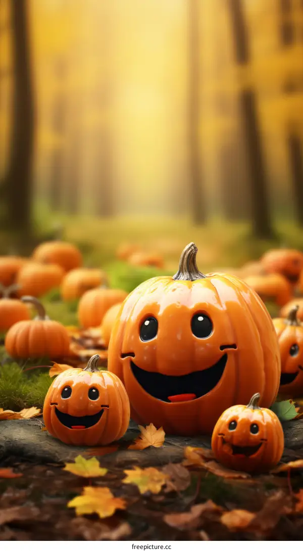 Group of cute pumpkins in the woods