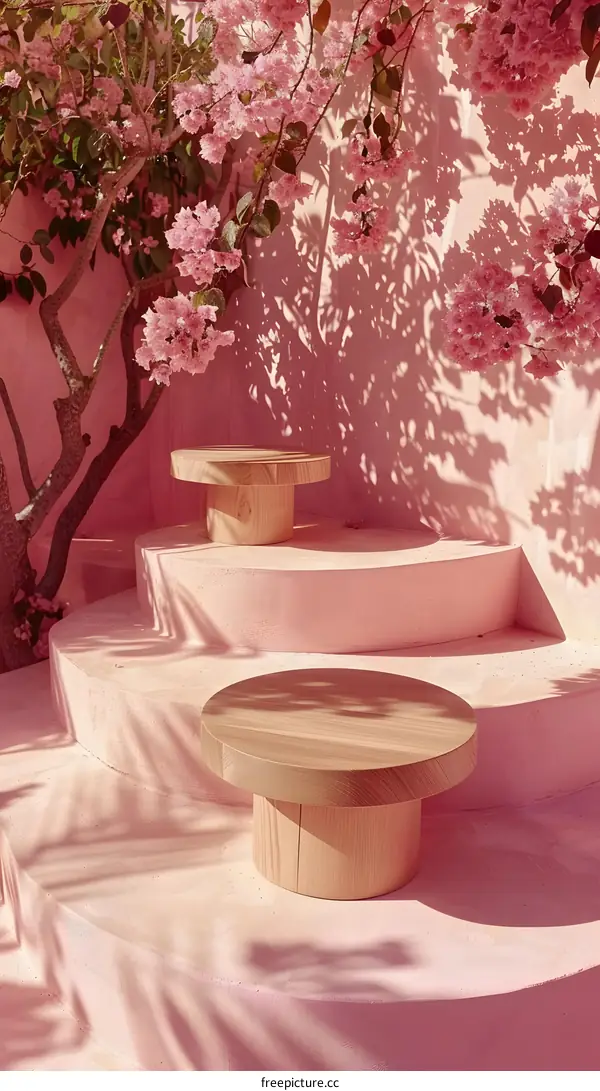 Pink Wall with Wooden Stools and Pink Flowers